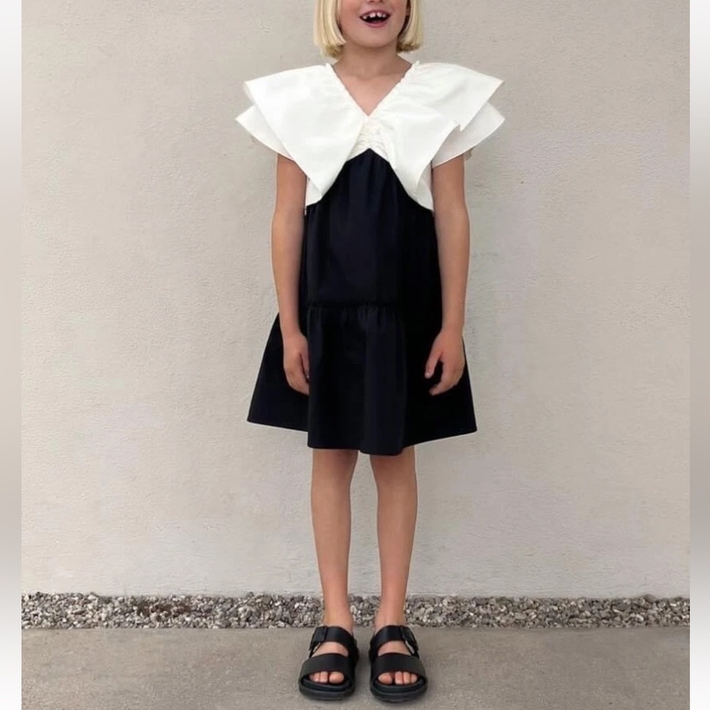Zara Girls Black and White Dress with Ruffled Sleeves